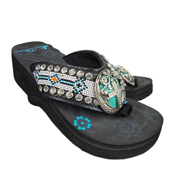 Montana West Wedge Flip Flop Sandal 6 Cross Medallion Turquoise Bead Rhinestone - Picture 1 of 14